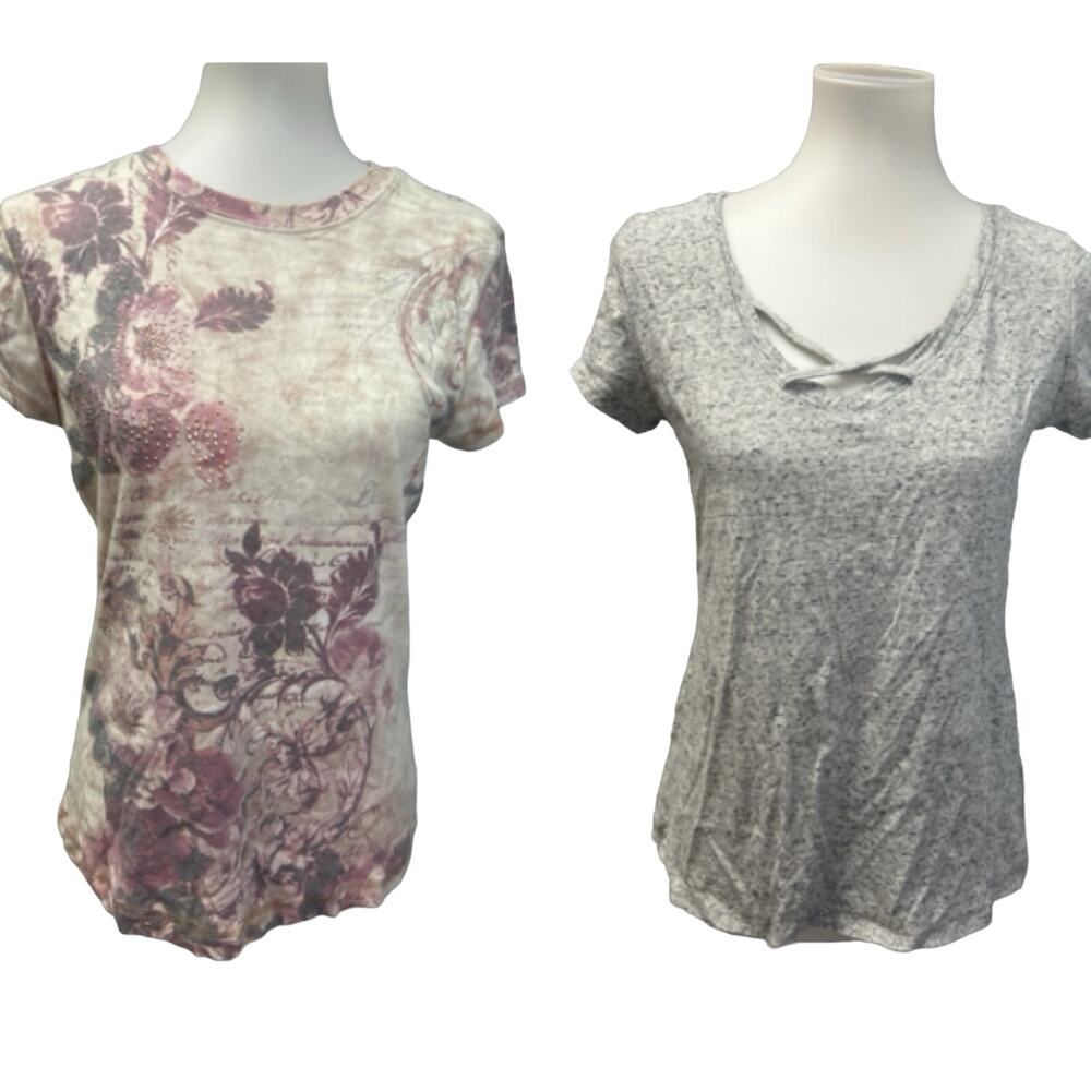 2 Proplayer Apt 9 Floral Cris Cross Front Cotton Jersey Short Sleeve Tee Shirts